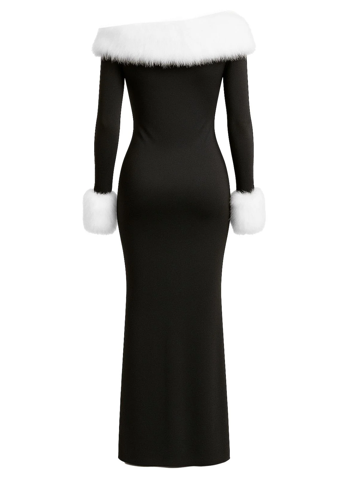 Black 1980s Off-Shoulder Fur Trim Dress - Image 3