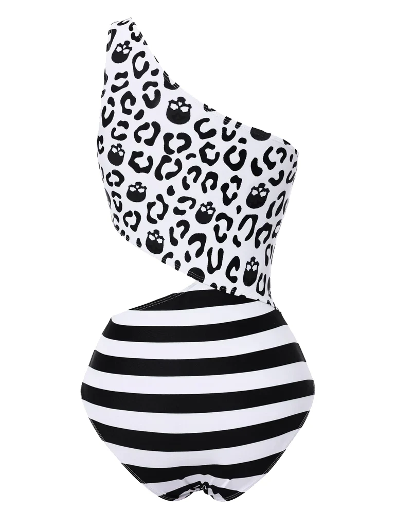 Black 1980s One-Shoulder Hollow Skull Stripe Swimsuit - Image 2