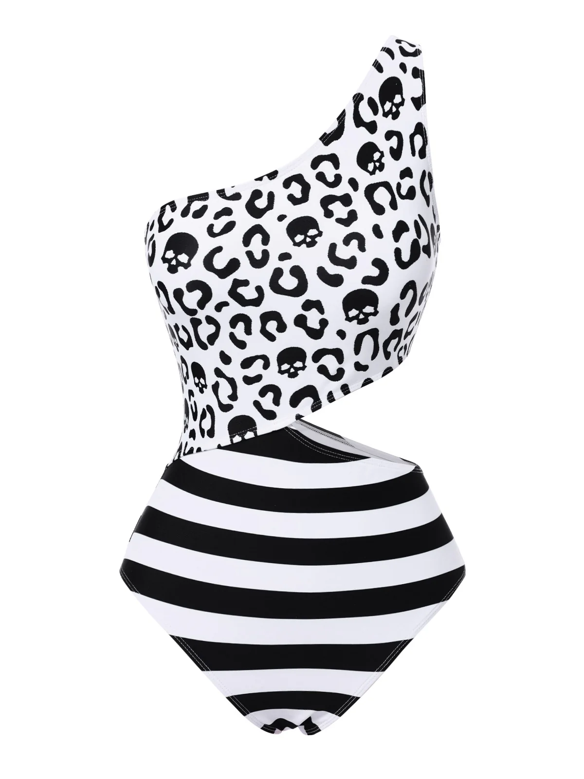 Black 1980s One-Shoulder Hollow Skull Stripe Swimsuit - Image 2