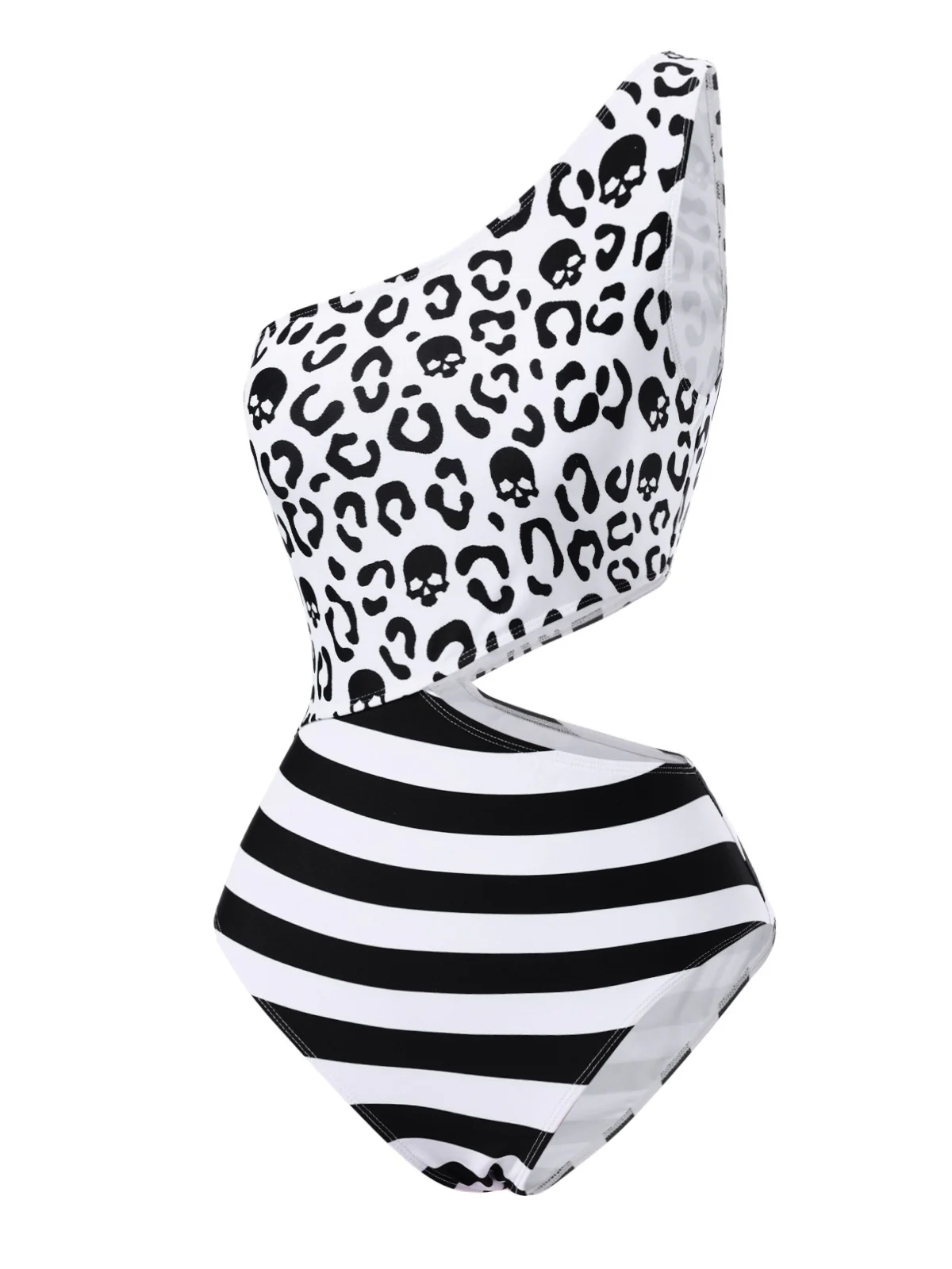 Black 1980s One-Shoulder Hollow Skull Stripe Swimsuit - Image 3