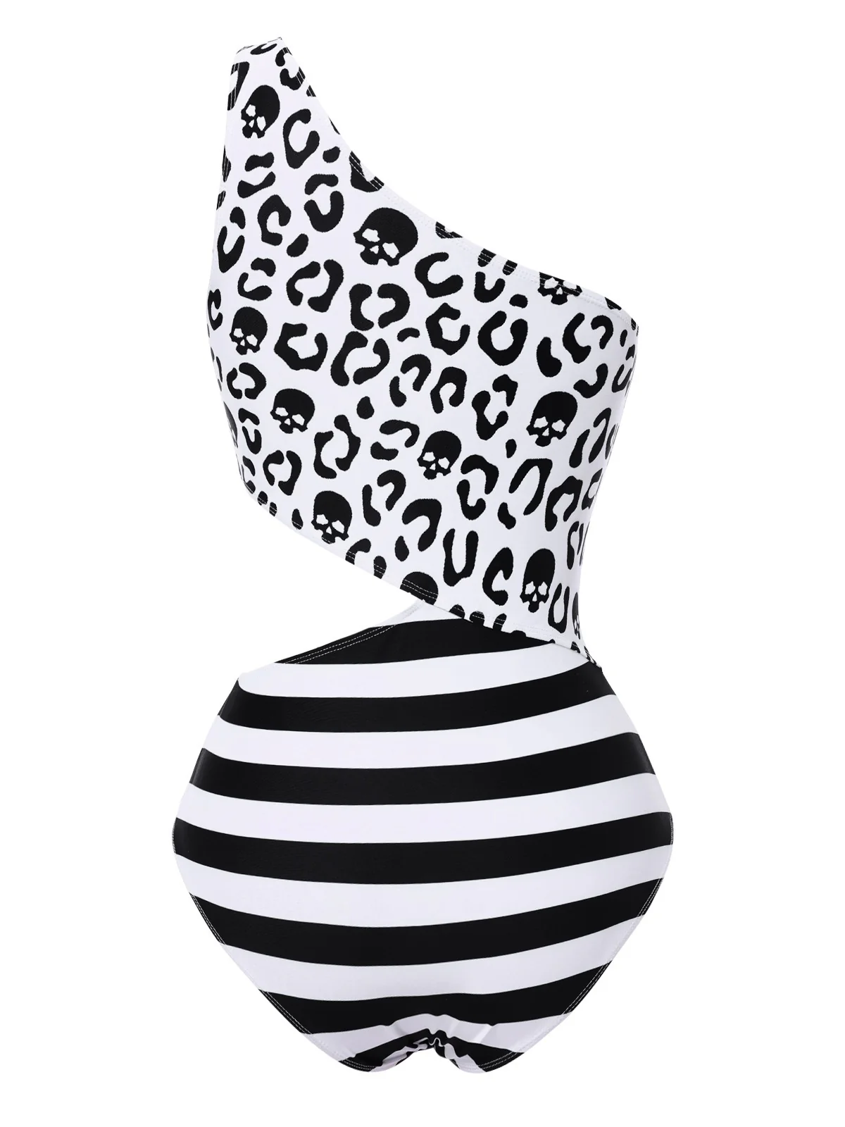 Black 1980s One-Shoulder Hollow Skull Stripe Swimsuit - Image 4