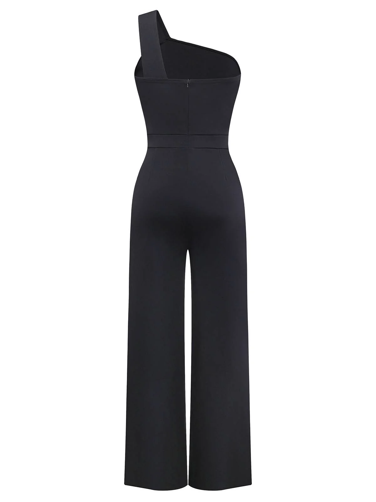 Black 1980s One Shoulder Wide Leg Belt Jumpsuit - Image 2
