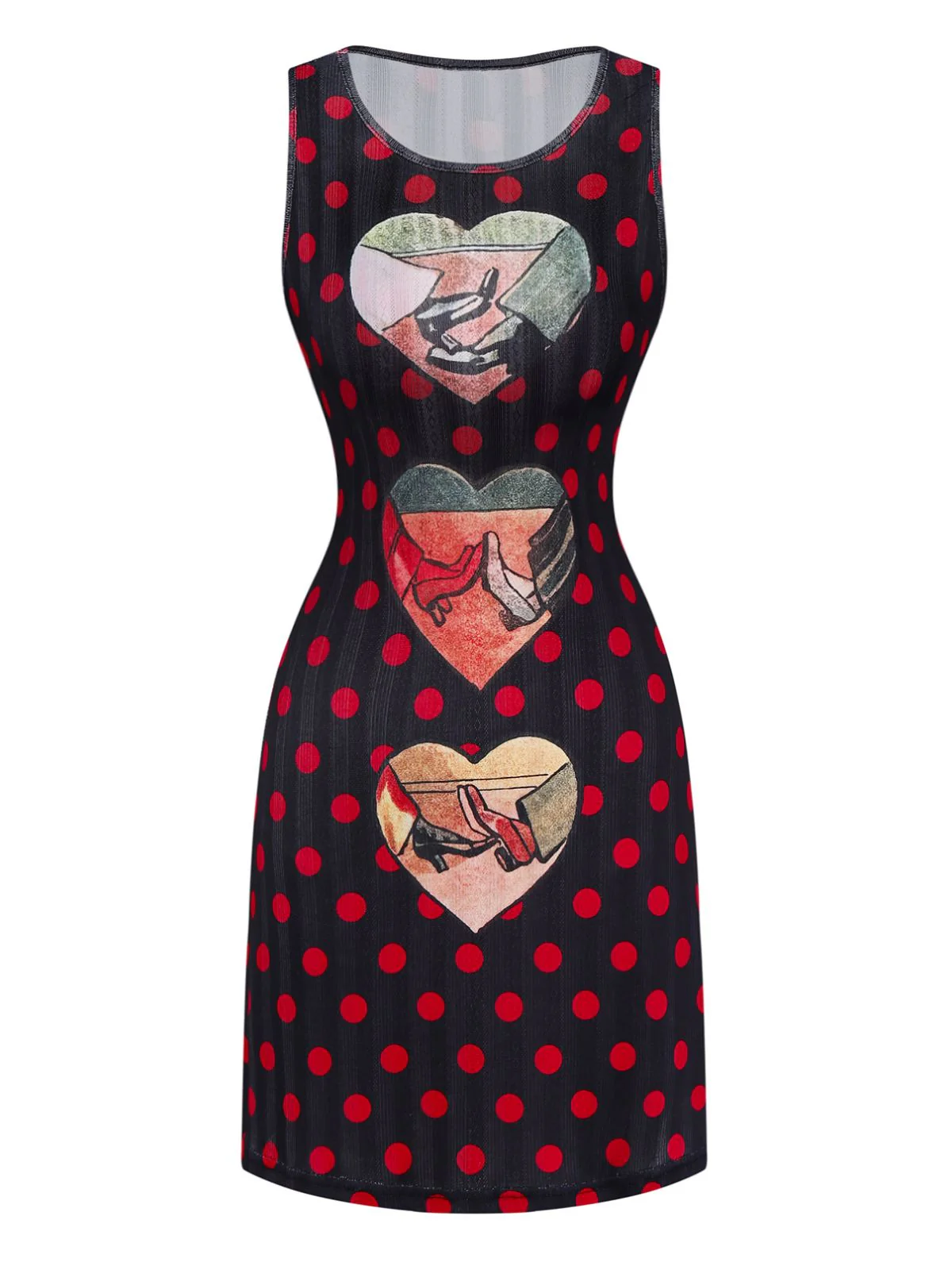 Black 1980s Polka Dot Heart Graphic Pencil Dress - Image 2