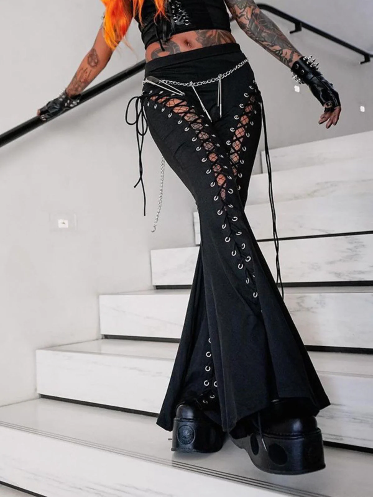 Black 1980s Punk Drawstring Laced Bootcut Pants - Image 2