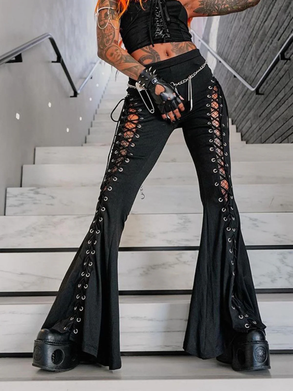Black 1980s Punk Drawstring Laced Bootcut Pants - Image 4