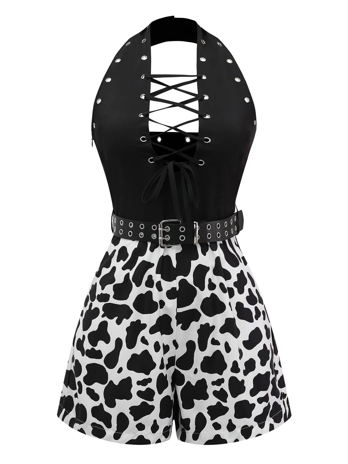 Black 1980s Punk Halter Hollow Cow Pattern Romper - Image 2