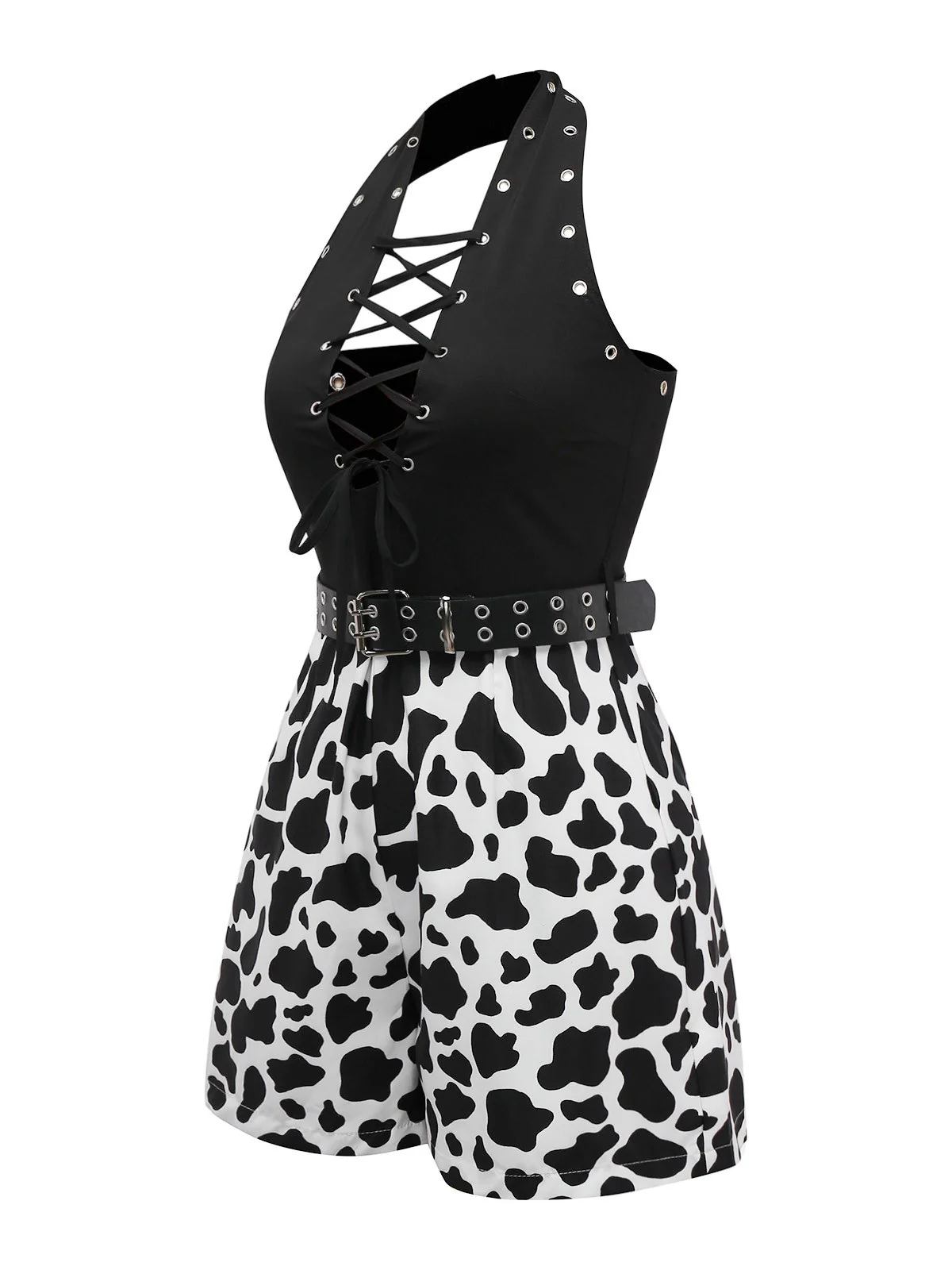 Black 1980s Punk Halter Hollow Cow Pattern Romper - Image 4