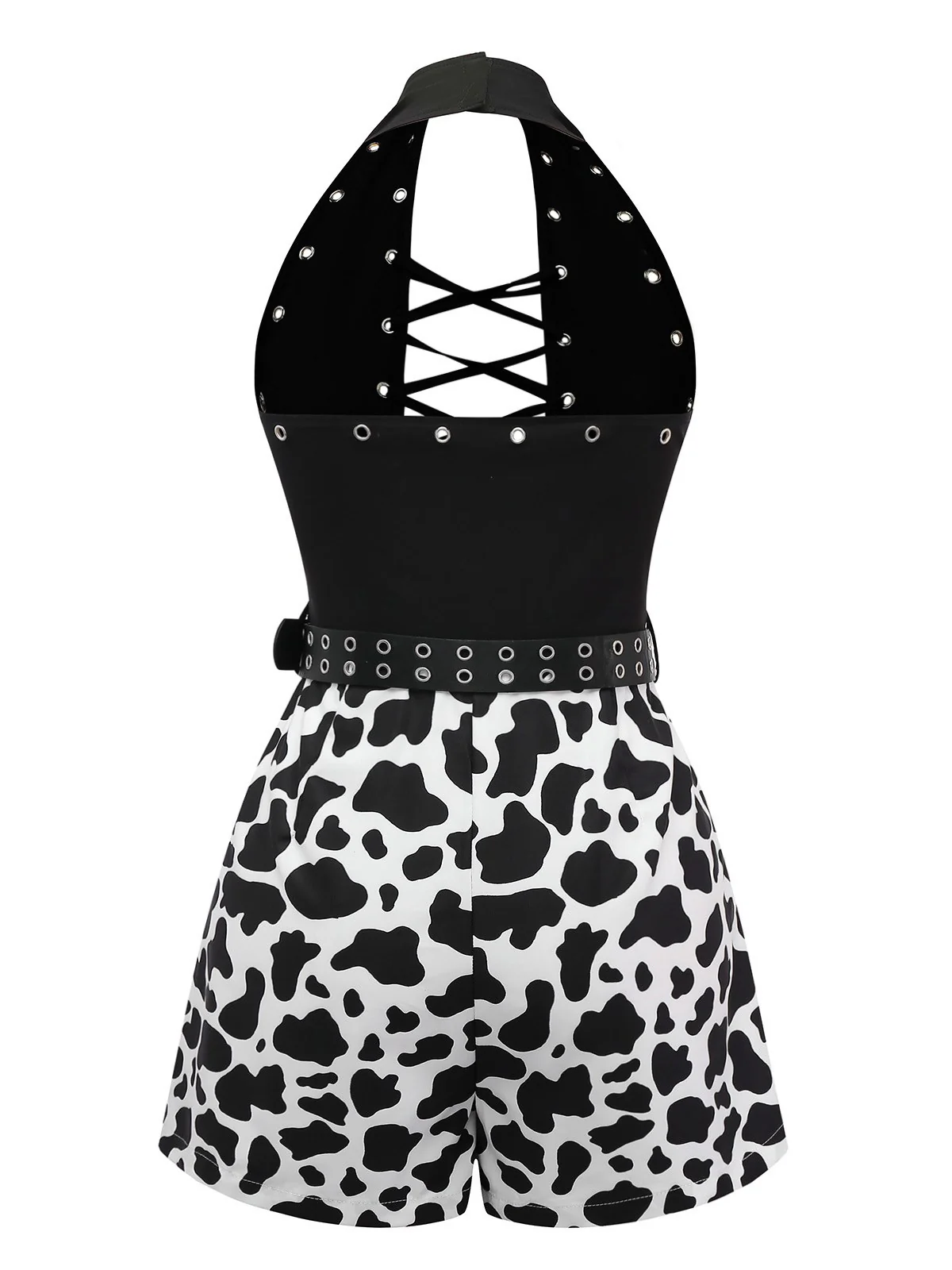 Black 1980s Punk Halter Hollow Cow Pattern Romper - Image 5