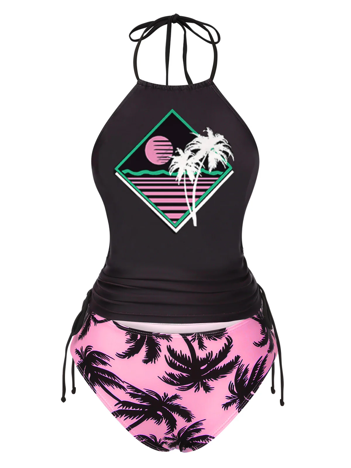 Black 1980s Punk Halter Skeleton Beach Print Bikini Set - Image 4