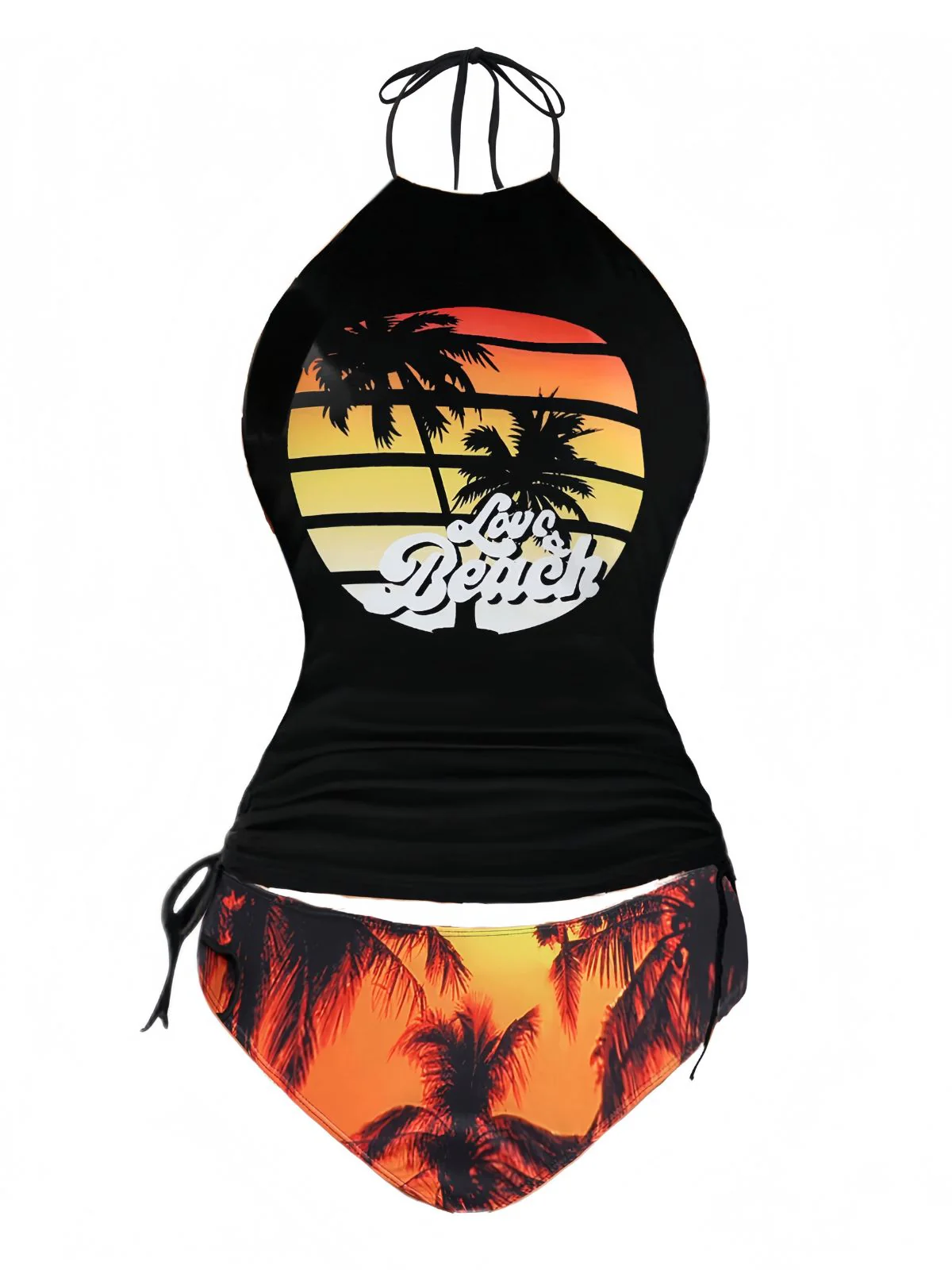 Black 1980s Punk Halter Skeleton Beach Print Bikini Set - Image 3