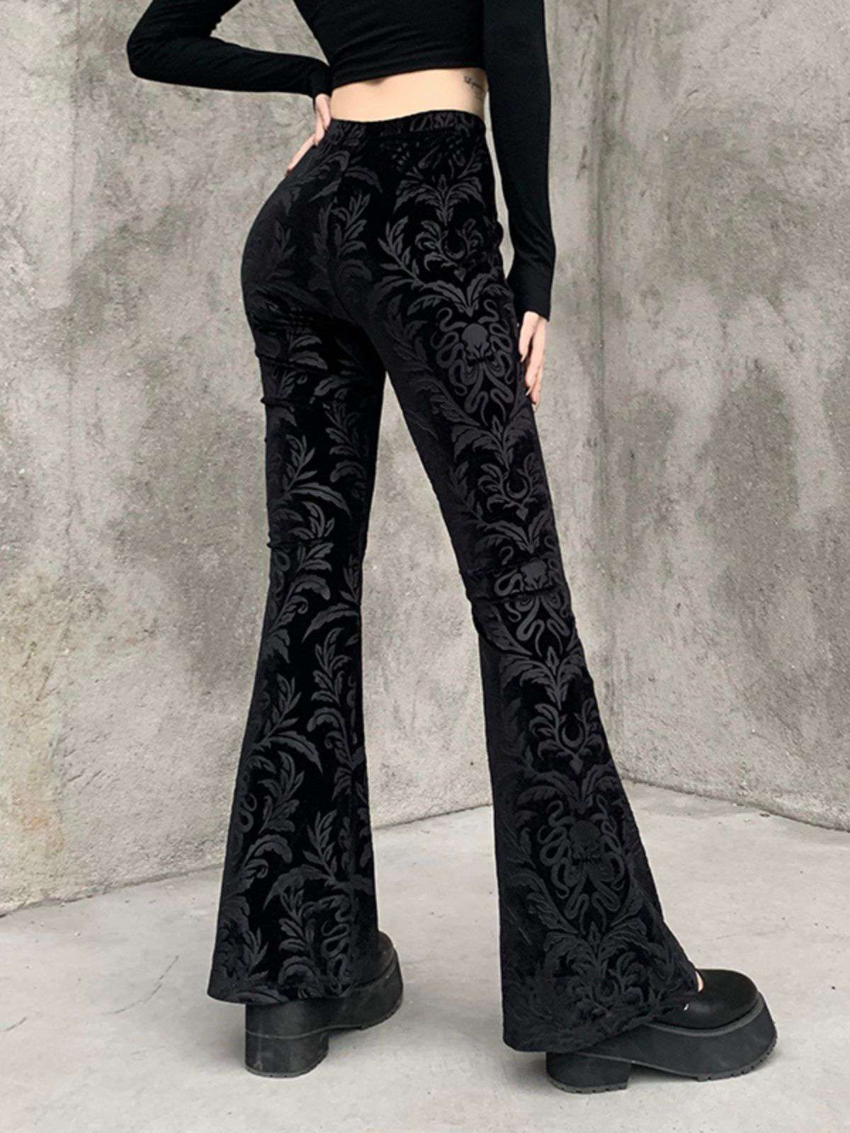 Black 1980s Punk Vine Print Velvet Bootcut Pants - Image 2