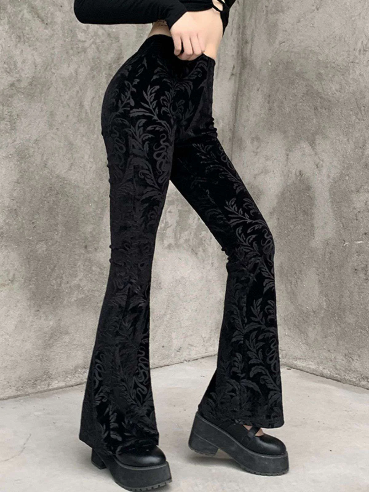 Black 1980s Punk Vine Print Velvet Bootcut Pants - Image 3