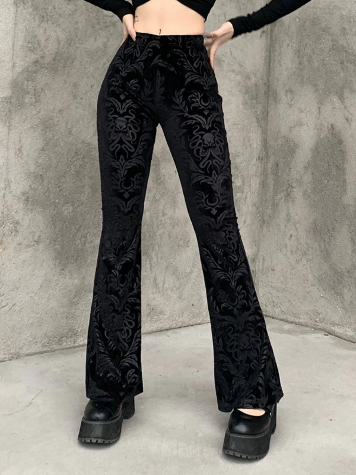 Black 1980s Punk Vine Print Velvet Bootcut Pants - Image 4