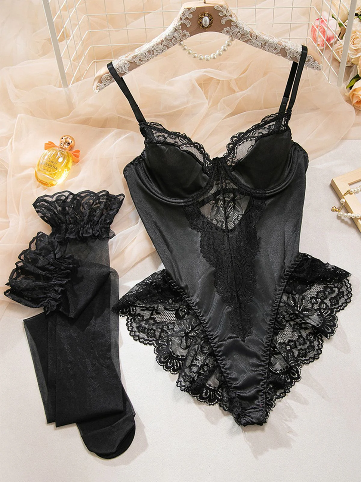 Black 1980s Slip Satin Lace Underwire Lingerie With Stockings - Image 10