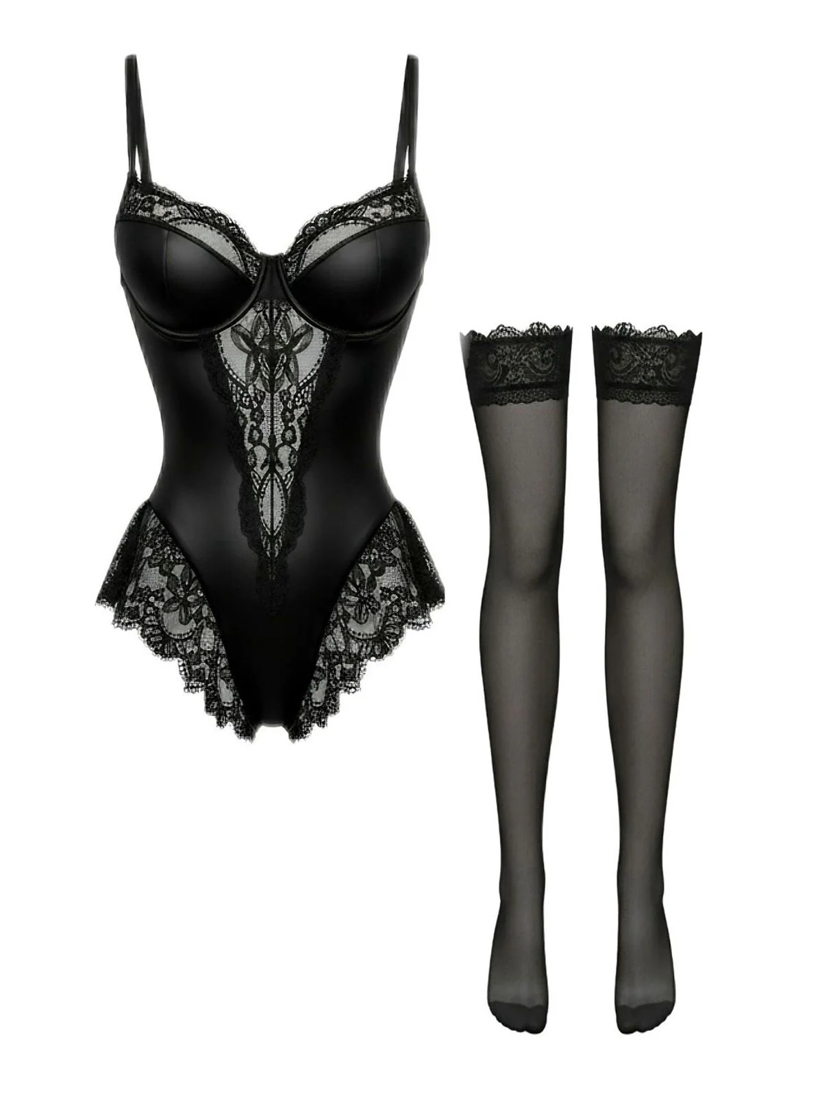 Black 1980s Slip Satin Lace Underwire Lingerie With Stockings - Image 2