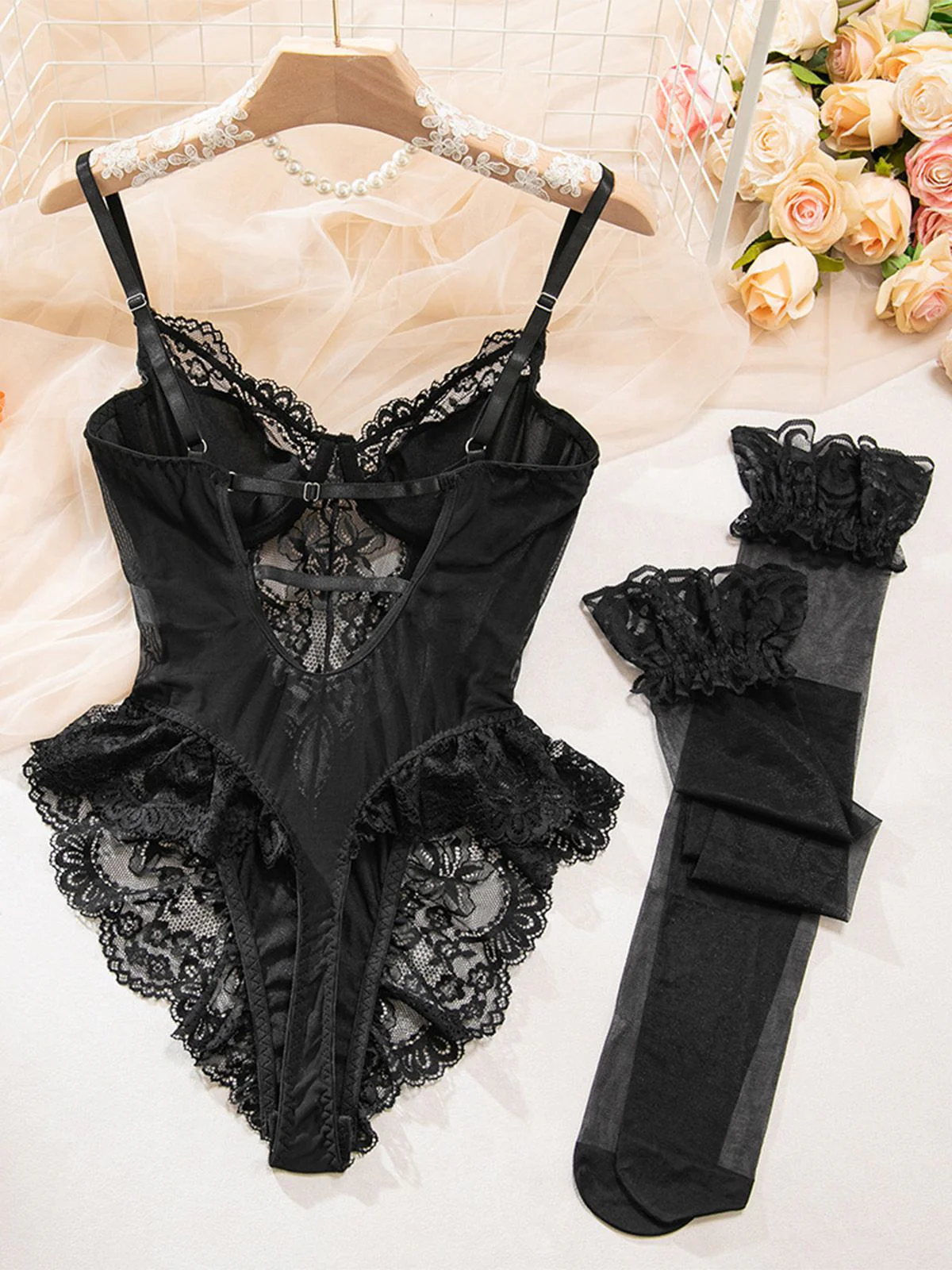 Black 1980s Slip Satin Lace Underwire Lingerie With Stockings - Image 9