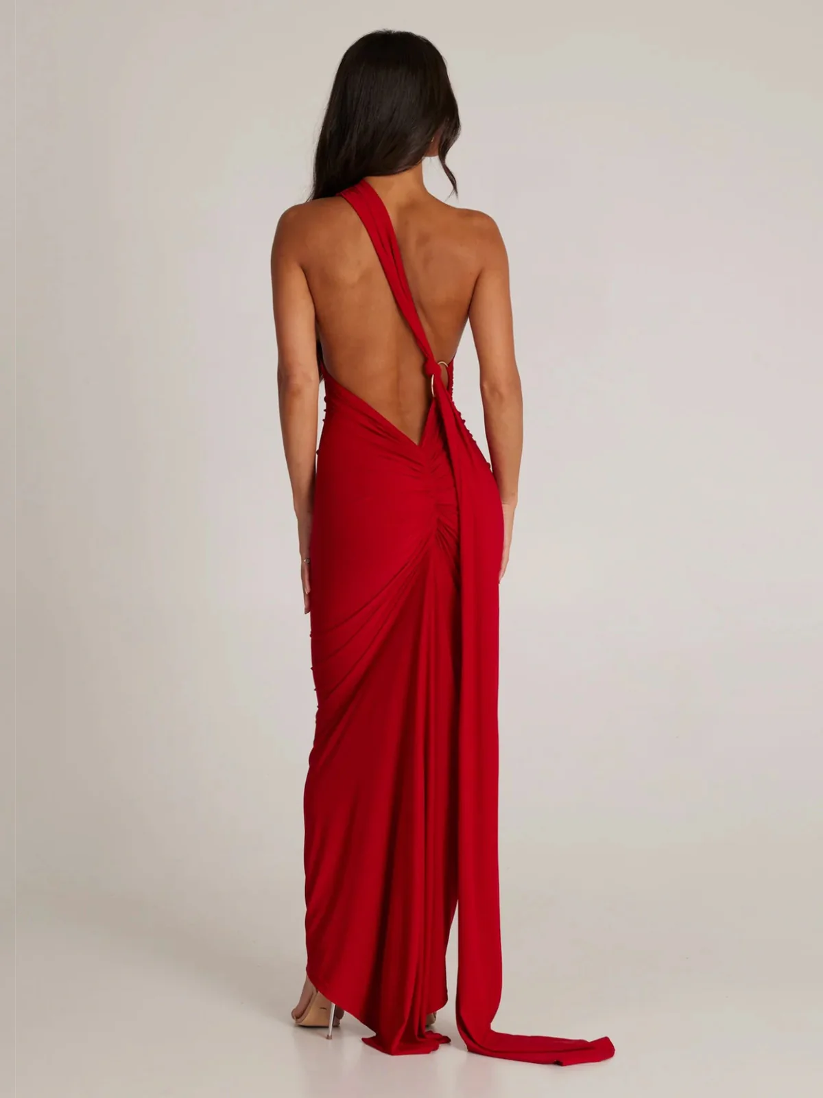Black 1980s Solid One-Shoulder Evening Backless Dress with Train - Image 12
