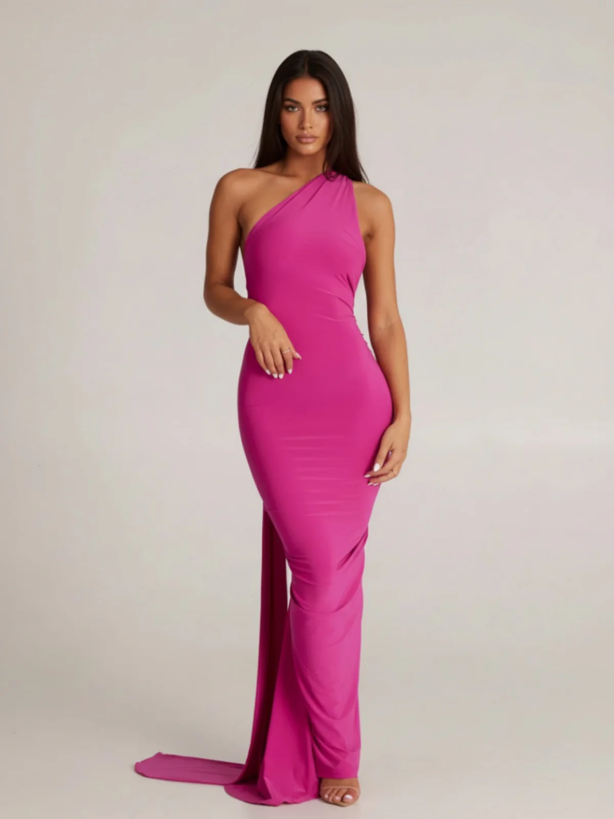Black 1980s Solid One-Shoulder Evening Backless Dress with Train - Image 15