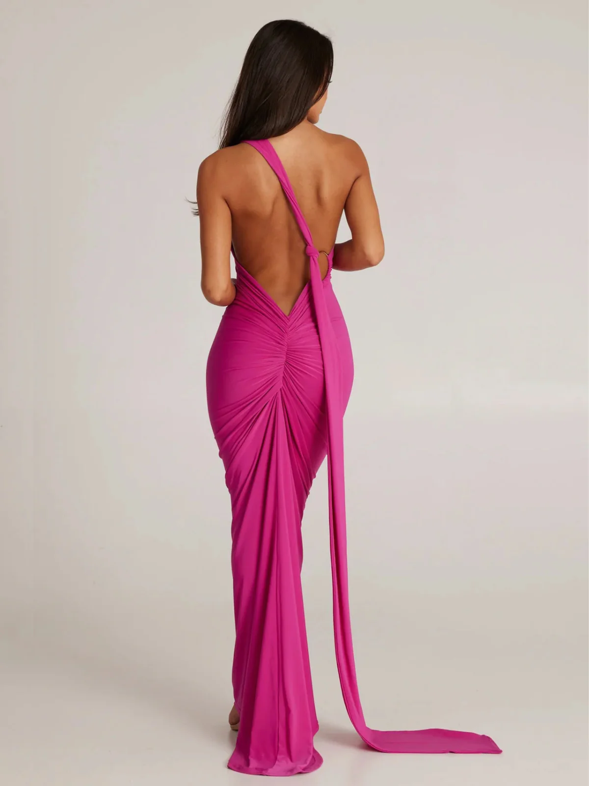 Black 1980s Solid One-Shoulder Evening Backless Dress with Train - Image 16