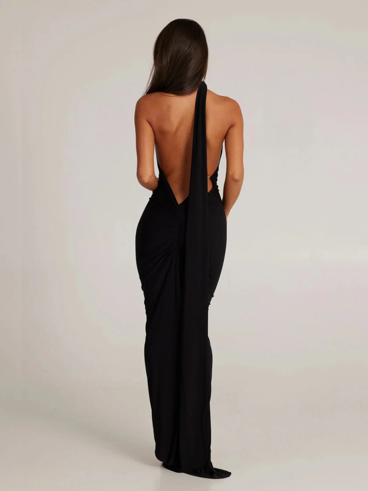 Black 1980s Solid One-Shoulder Evening Backless Dress with Train - Image 3
