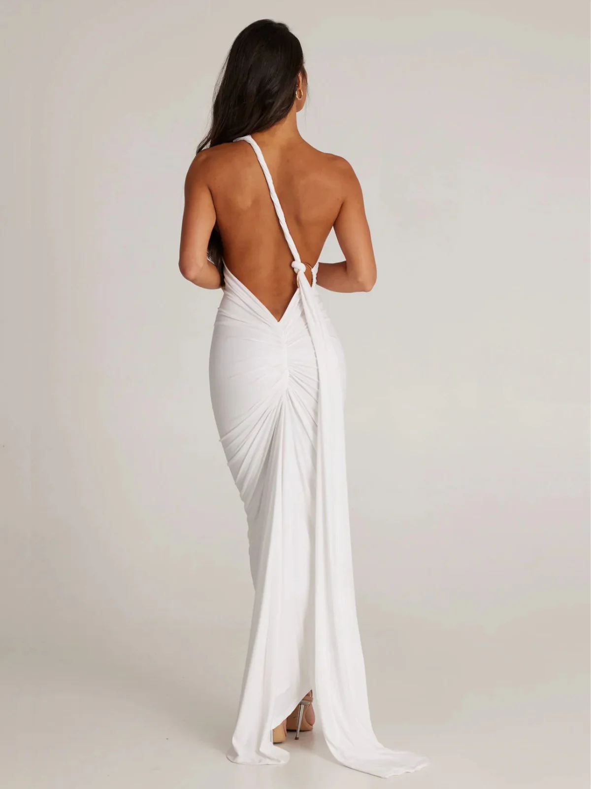 Black 1980s Solid One-Shoulder Evening Backless Dress with Train - Image 8