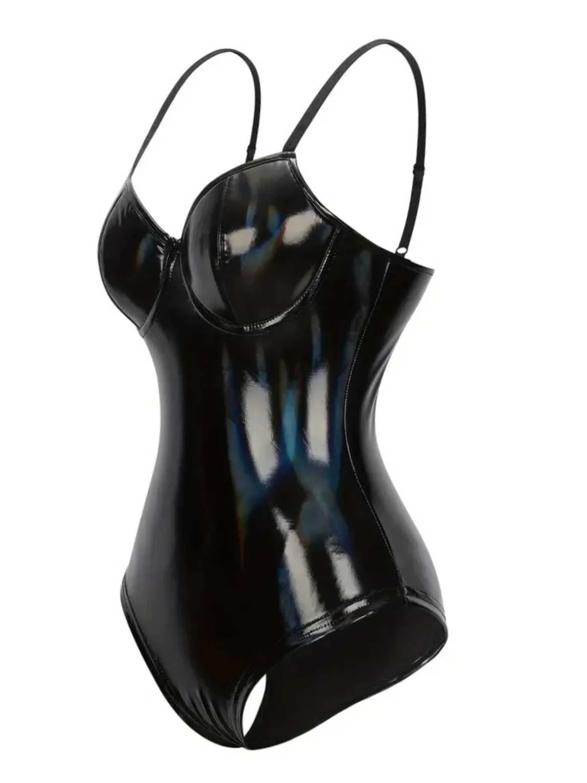 Black 1980s Spaghetti Strap Leather Bodysuit - Image 2