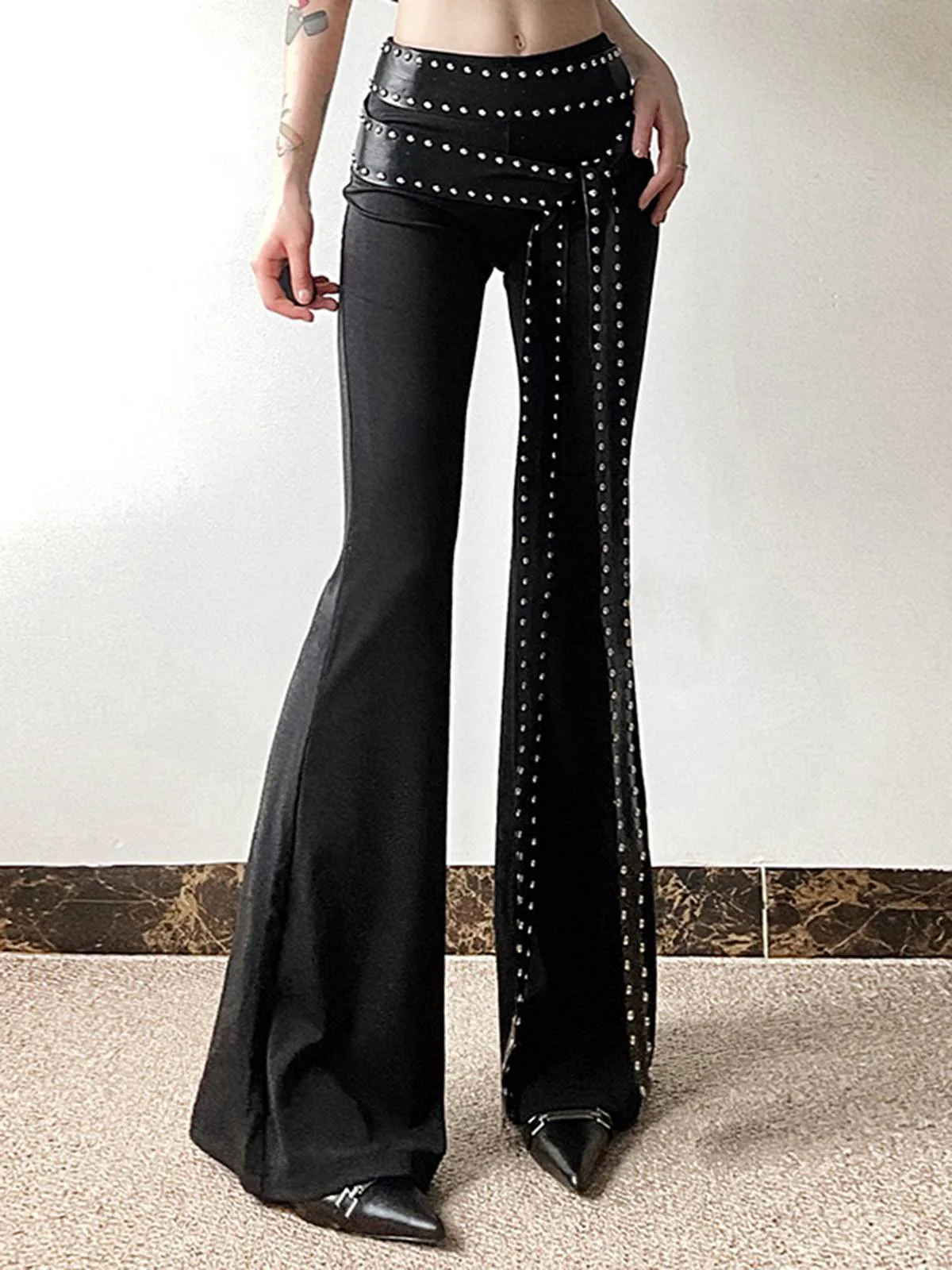 Black 1980s Steampunk Bootcut Rivet Pants - Image 2