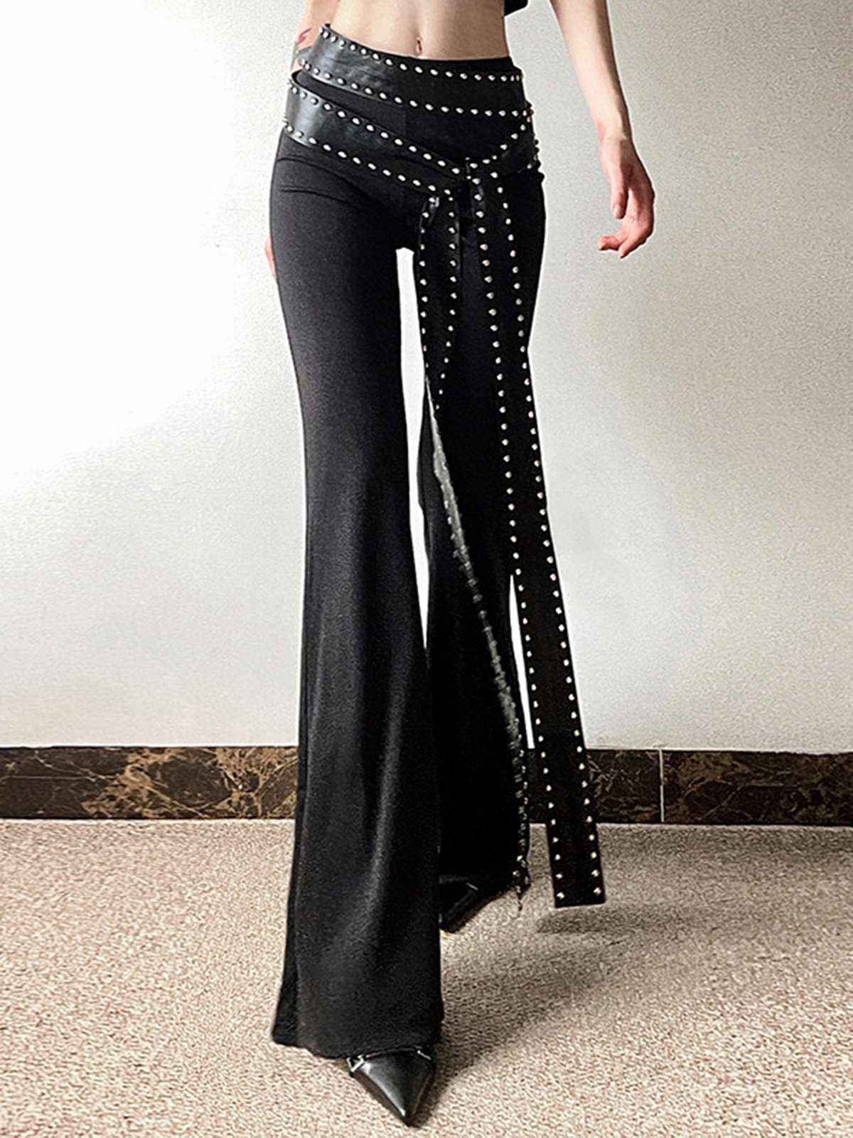 Black 1980s Steampunk Bootcut Rivet Pants - Image 3