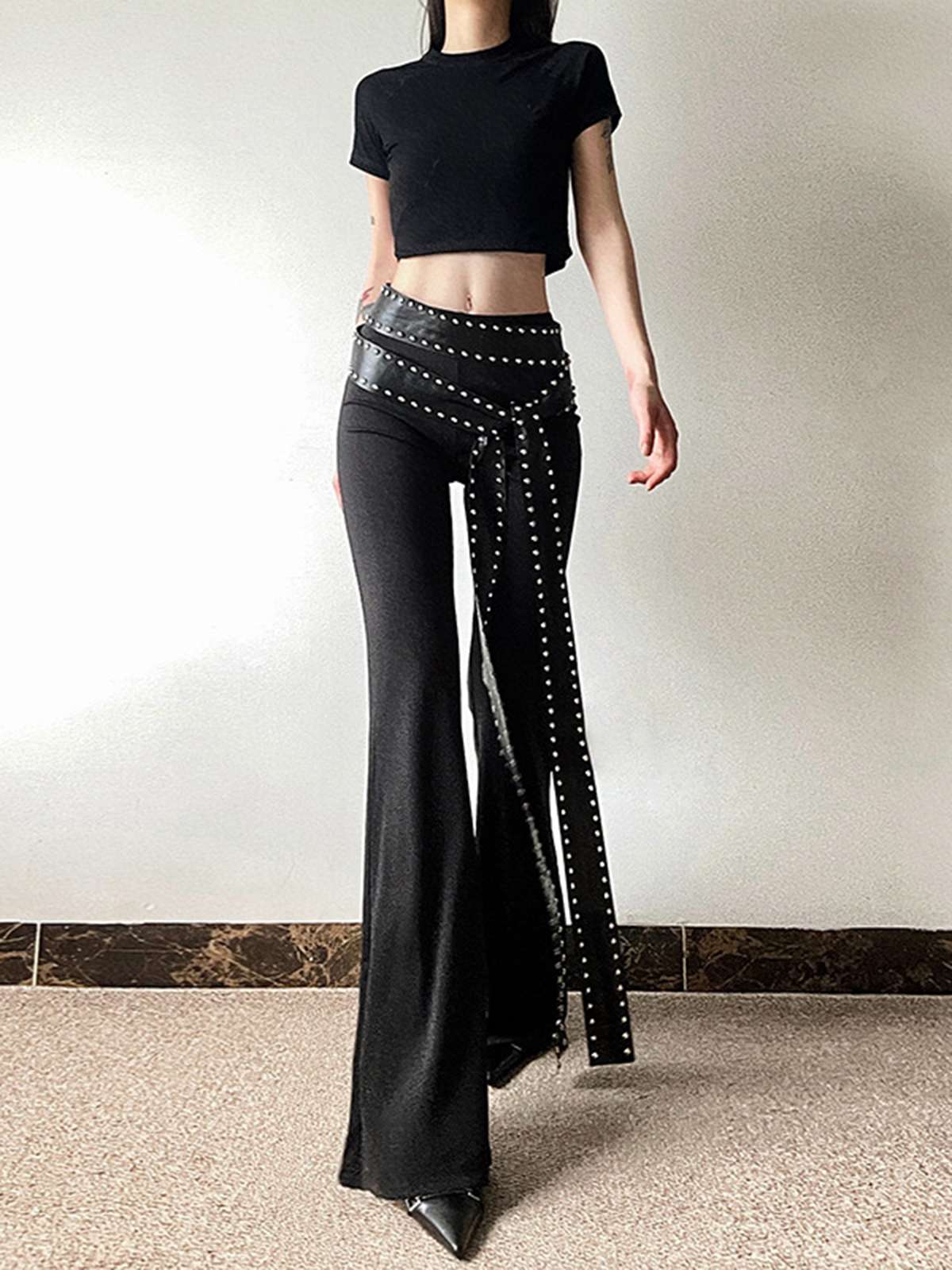 Black 1980s Steampunk Bootcut Rivet Pants - Image 4
