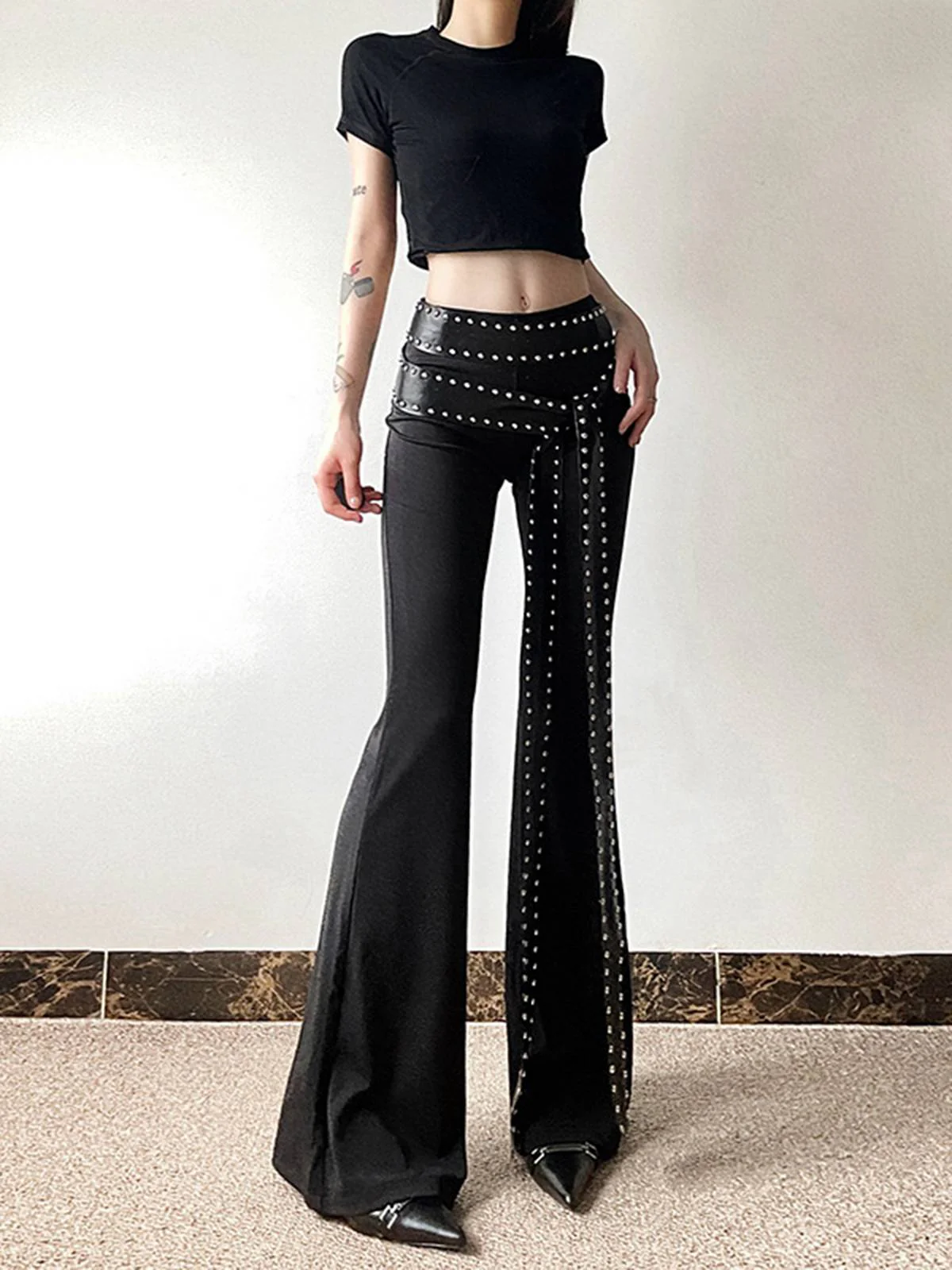 Black 1980s Steampunk Bootcut Rivet Pants - Image 5
