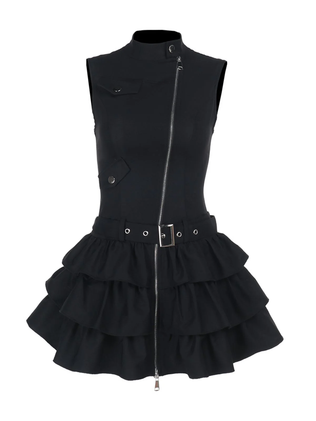 Black 1980s Steampunk Solid Zipper Belted Dress - Image 2