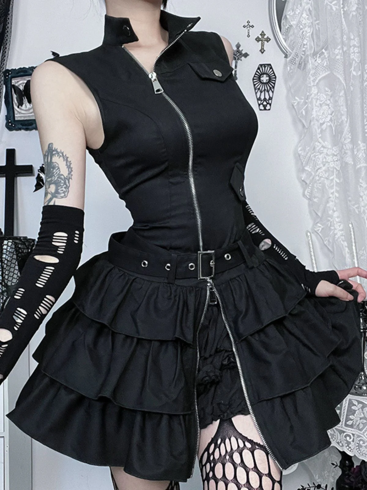 Black 1980s Steampunk Solid Zipper Belted Dress - Image 5