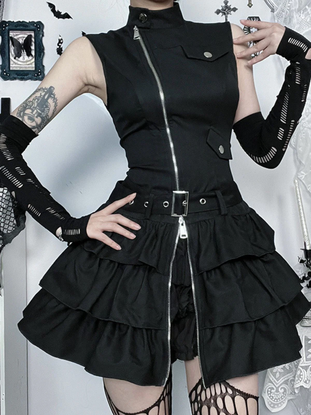 Black 1980s Steampunk Solid Zipper Belted Dress - Image 6
