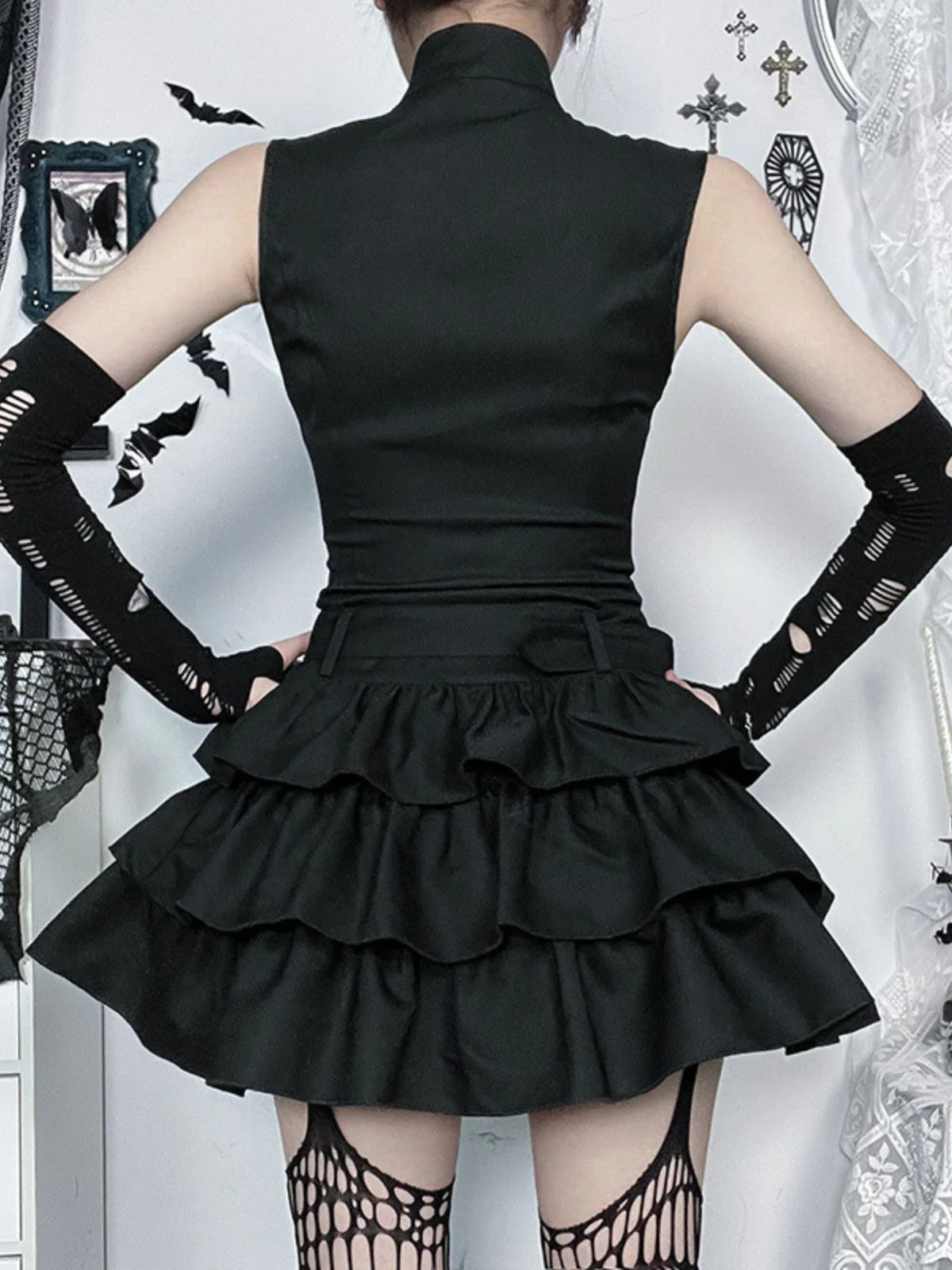 Black 1980s Steampunk Solid Zipper Belted Dress - Image 7