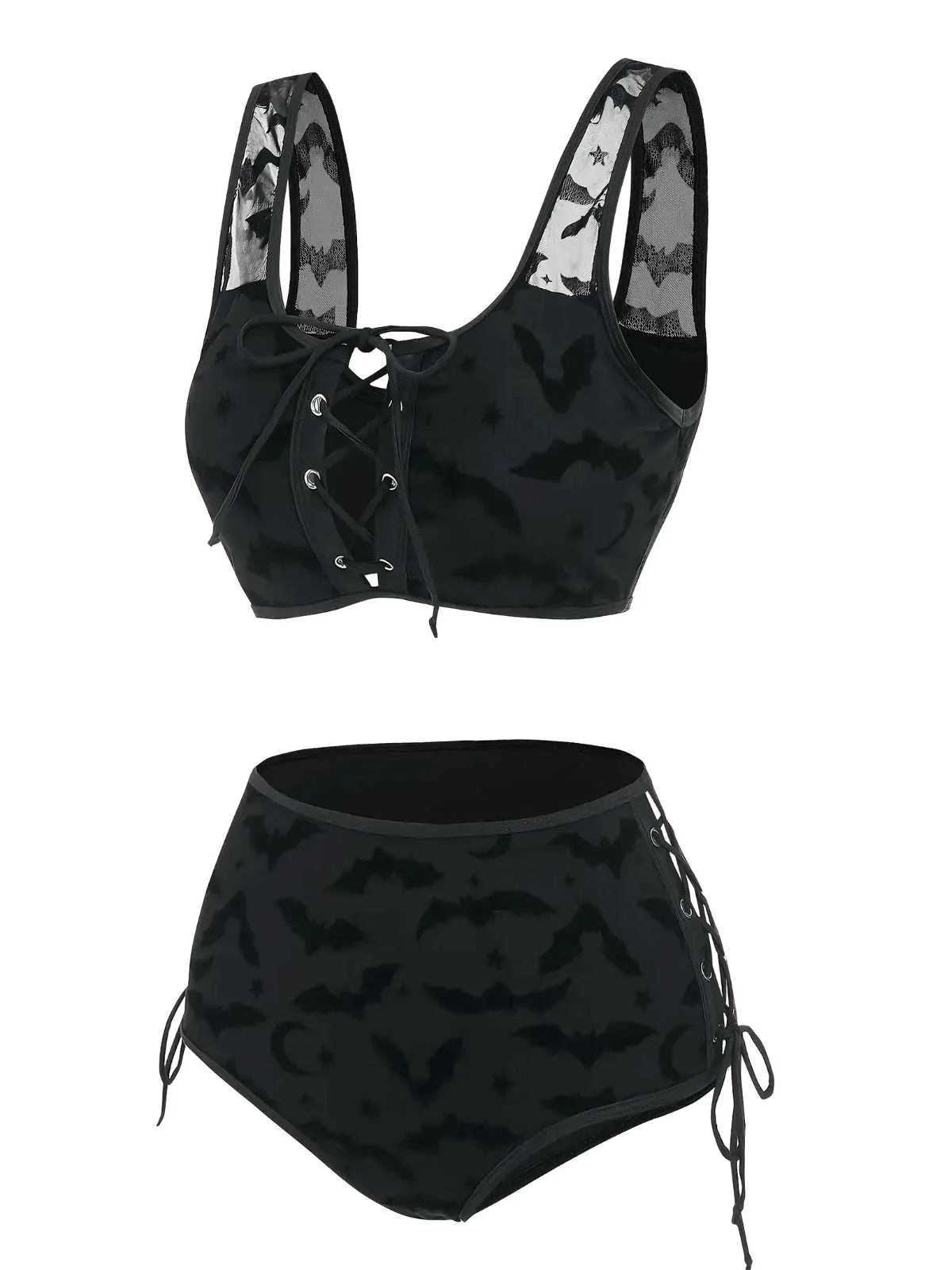 Black 1980s Strap Bat Mesh Gothic Bikini Set - Image 2
