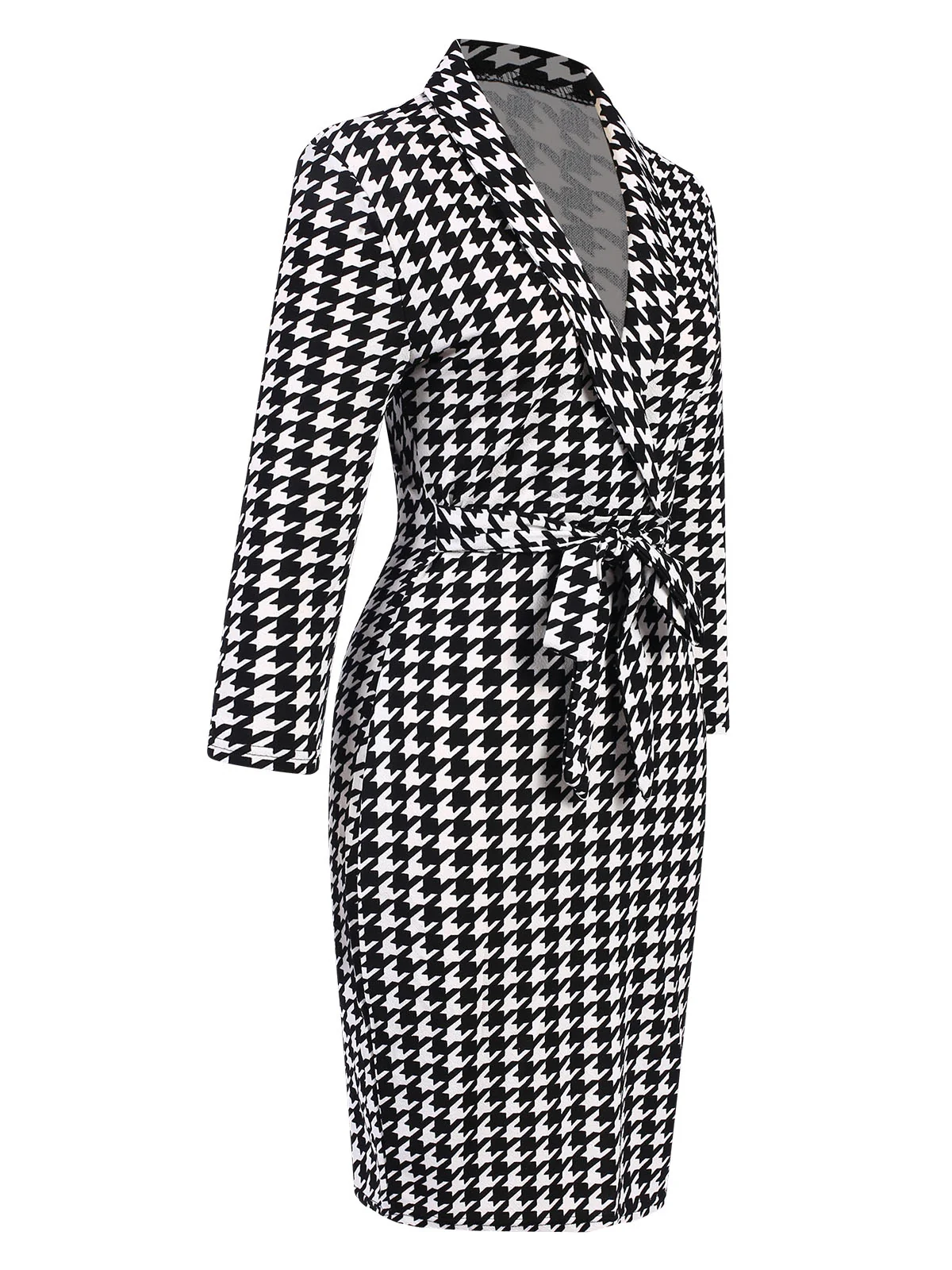 Black 1980s V-Neck Bow Houndstooth Dress - Image 3