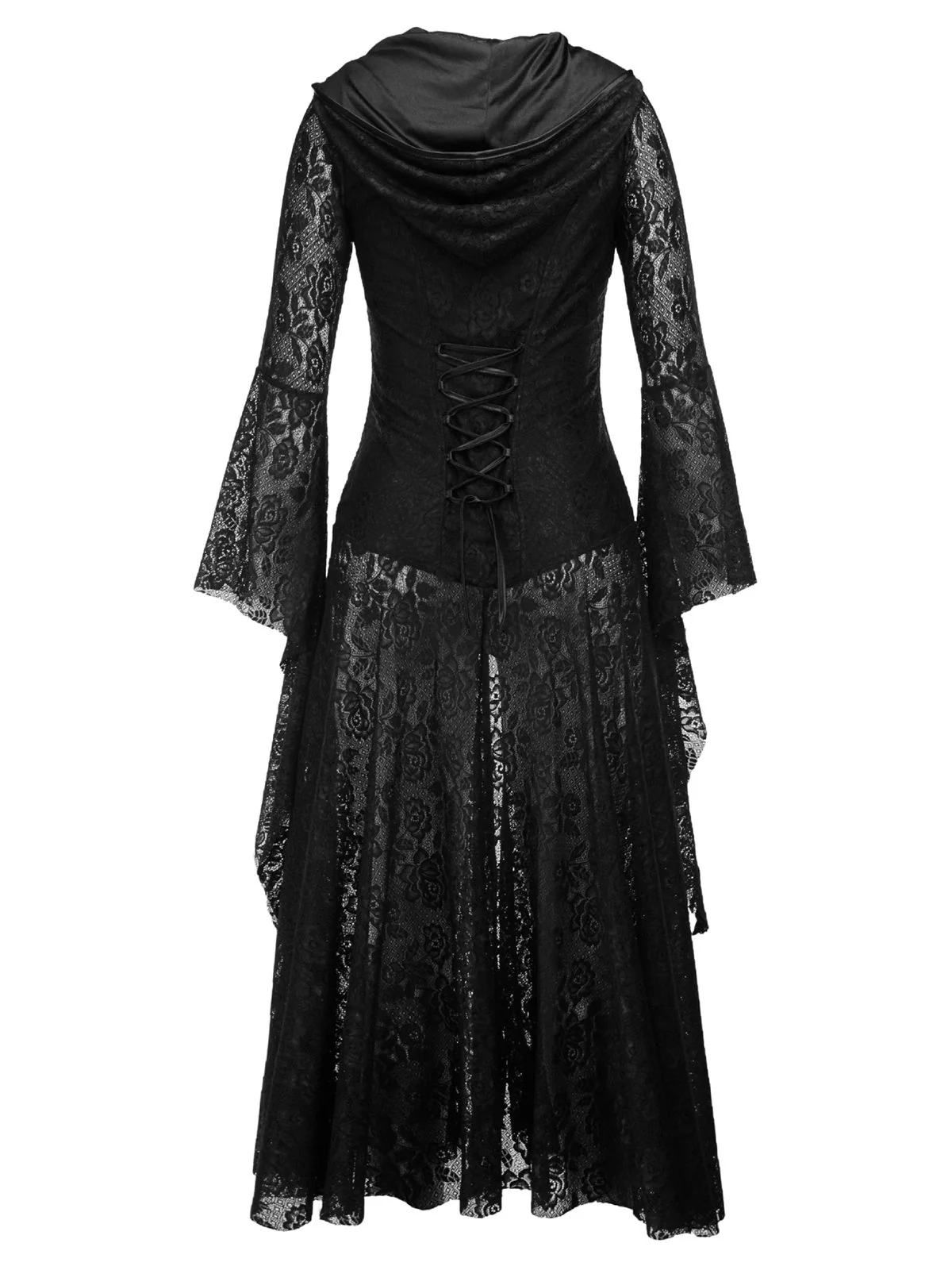 Black 1980s V-Neck Floral Lace Hooded Dress - Image 2