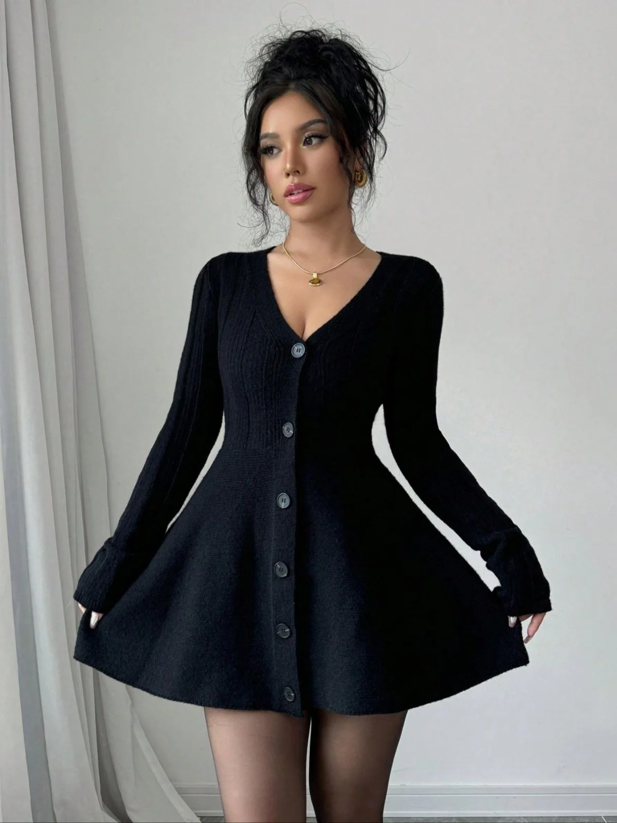 Black 1980s V-Neck Knit Sweater Dress - Image 5