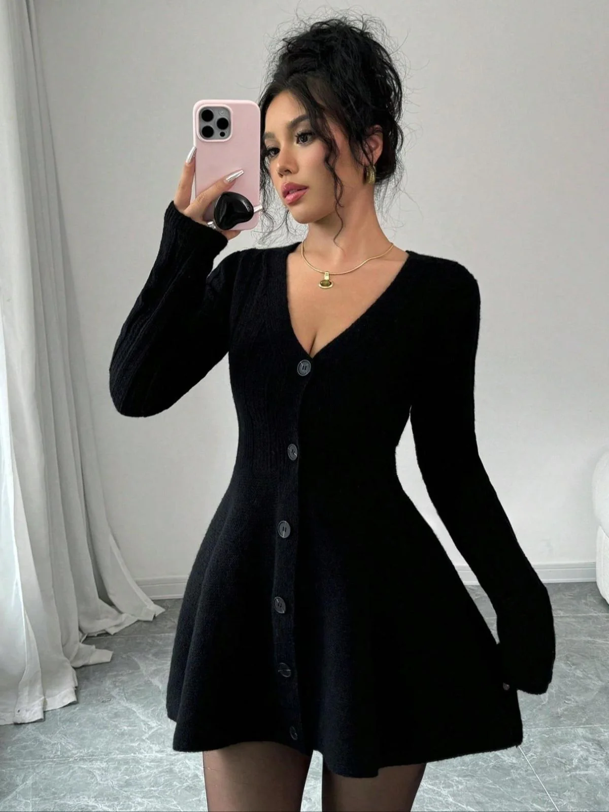 Black 1980s V-Neck Knit Sweater Dress - Image 6