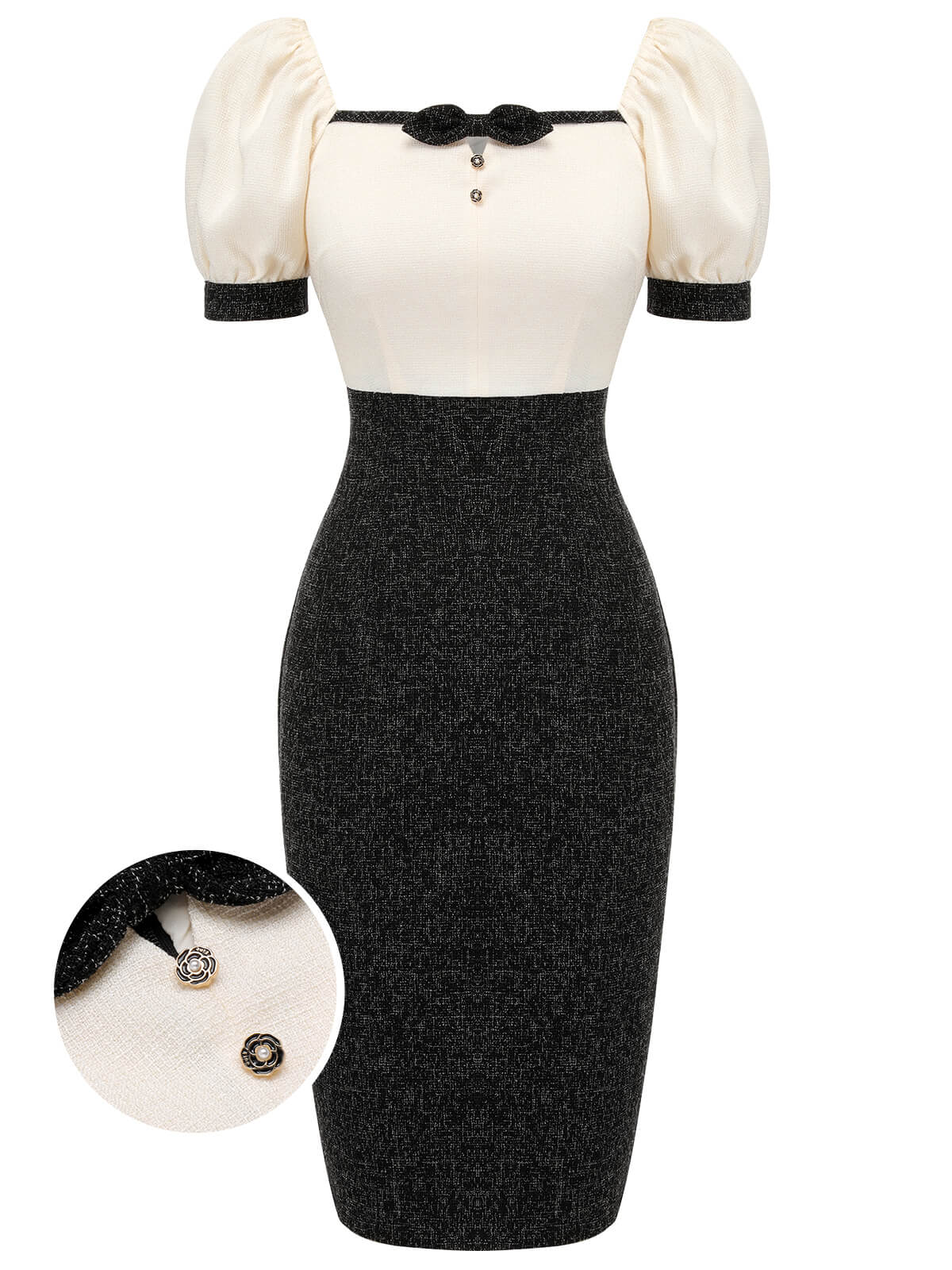 Black & Beige 1960s Puff Sleeve Pencil Dress - Image 3