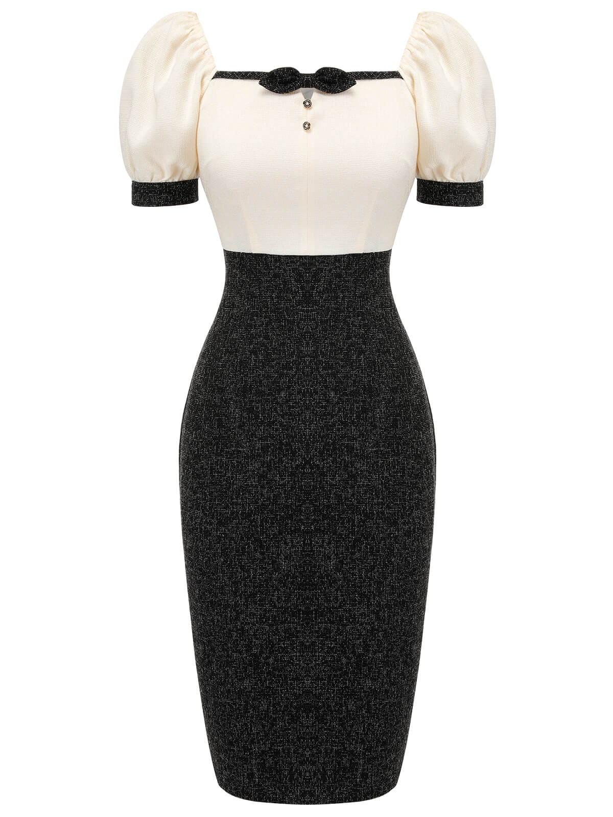 Black & Beige 1960s Puff Sleeve Pencil Dress - Image 4