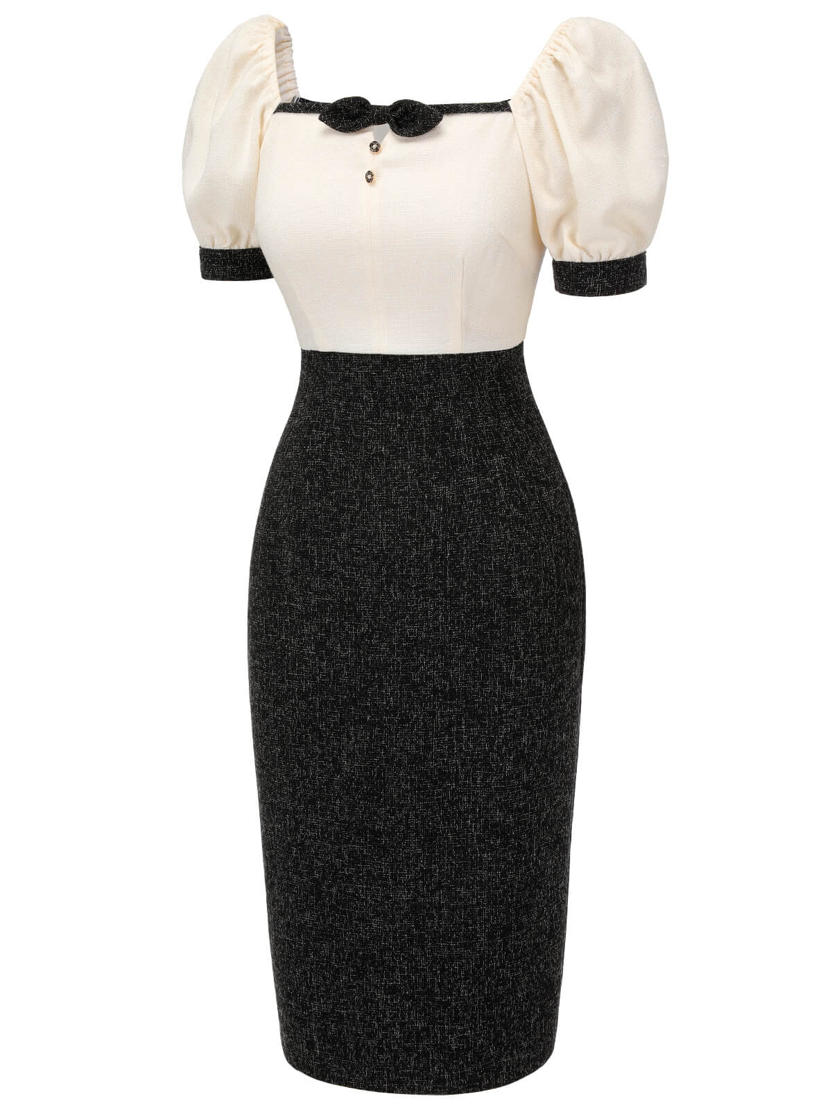 Black & Beige 1960s Puff Sleeve Pencil Dress - Image 5