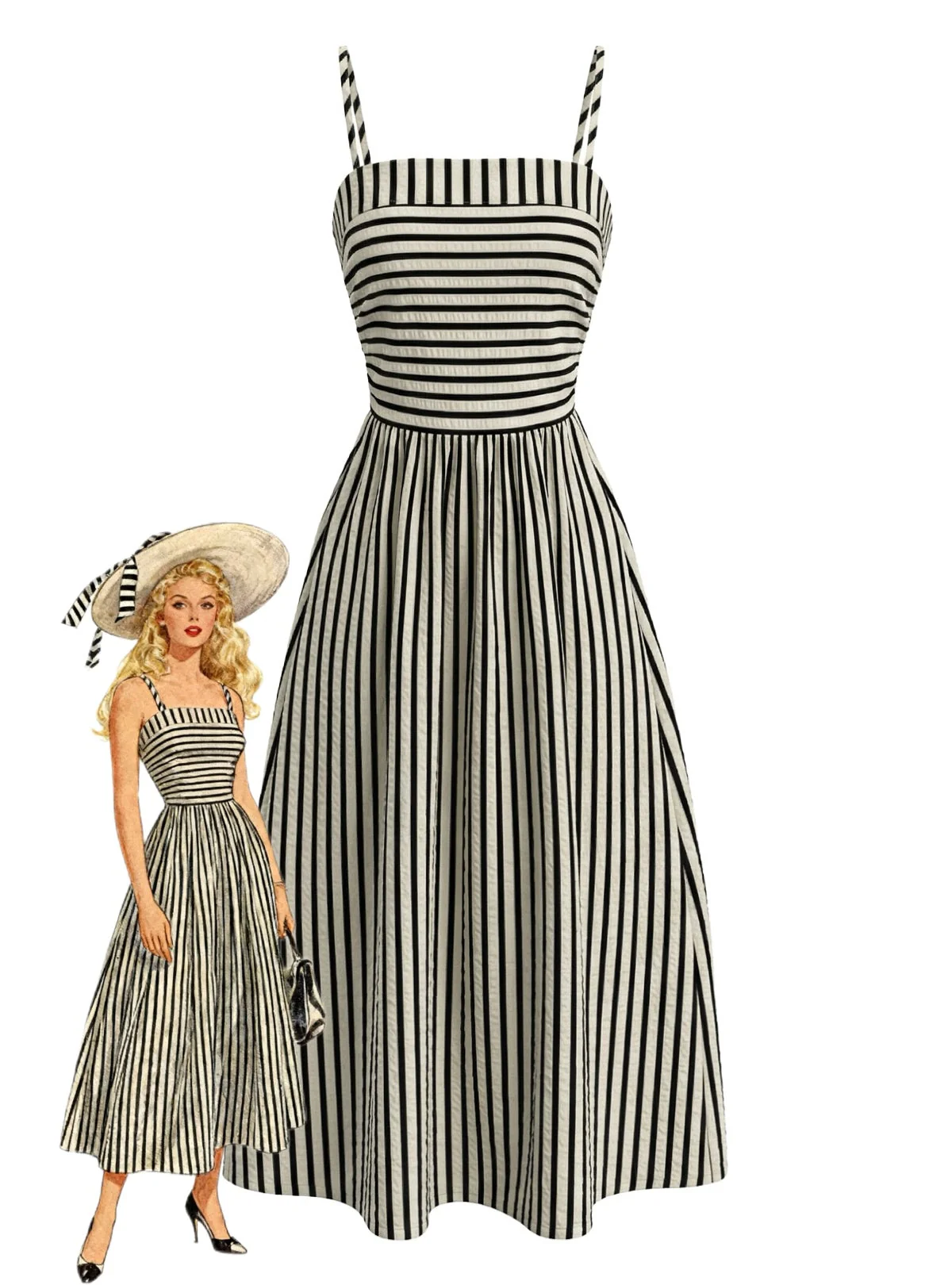 Black & Cream 1950s Spaghetti Strap Striped Dress
