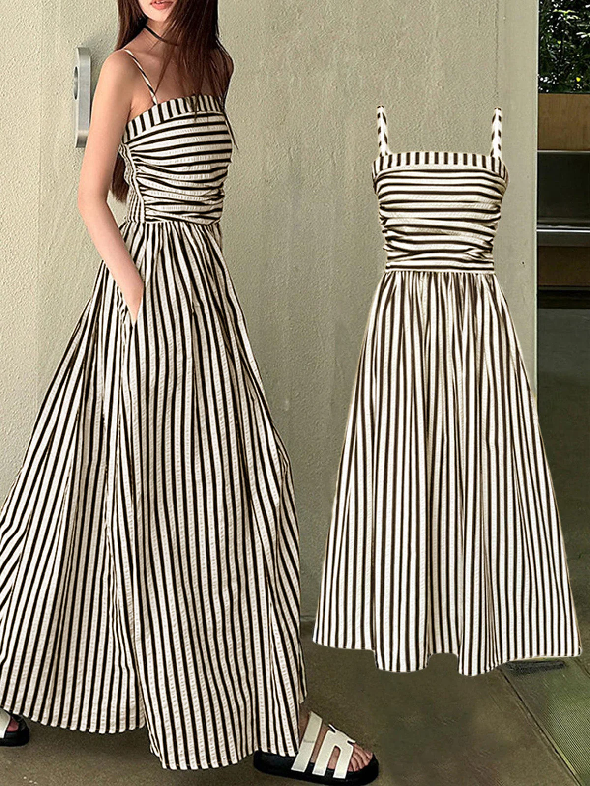 Black & Cream 1950s Spaghetti Strap Striped Dress - Image 4