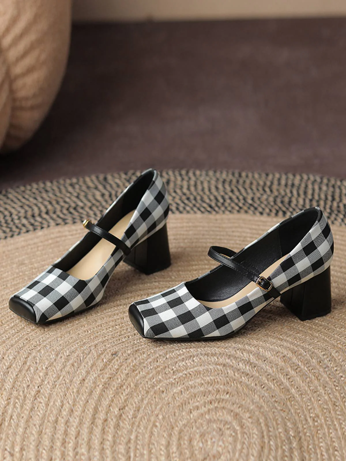 Black Gingham Plaid Square Toe Chunky Heels - Image 2