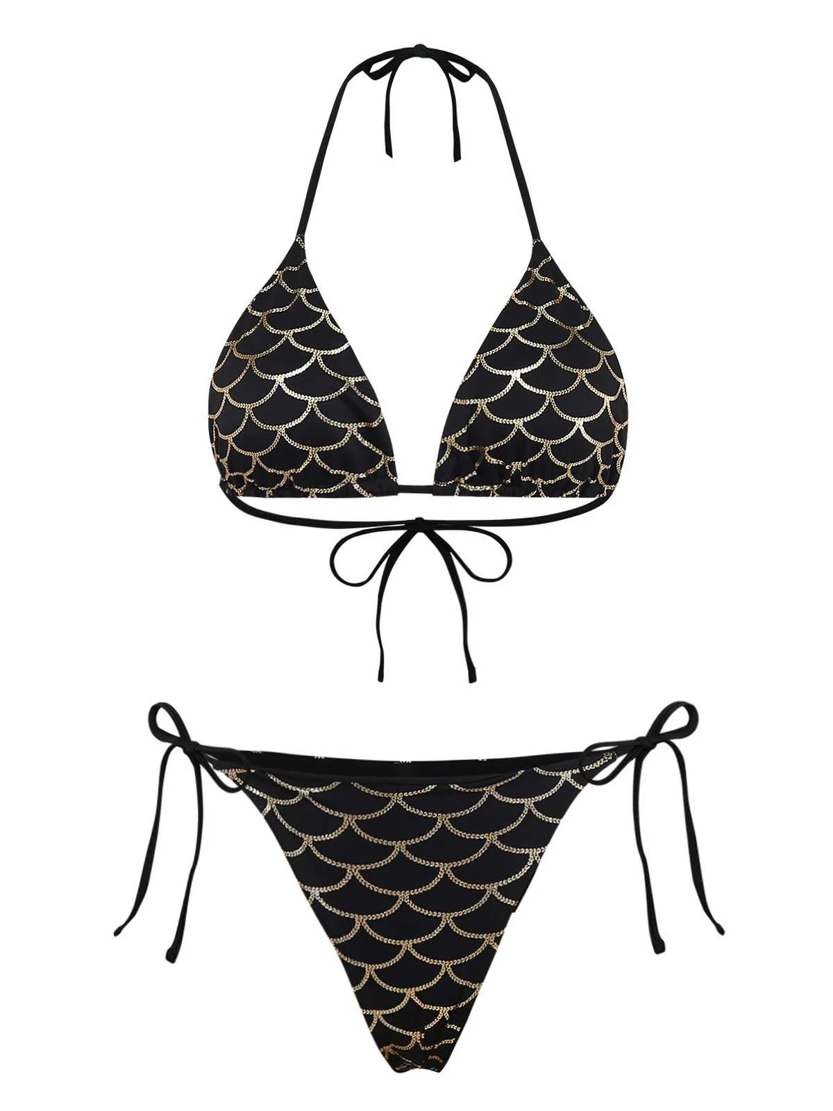 Black Gold 1970s Halter Mermaid Scale Bikini Set - Image 2