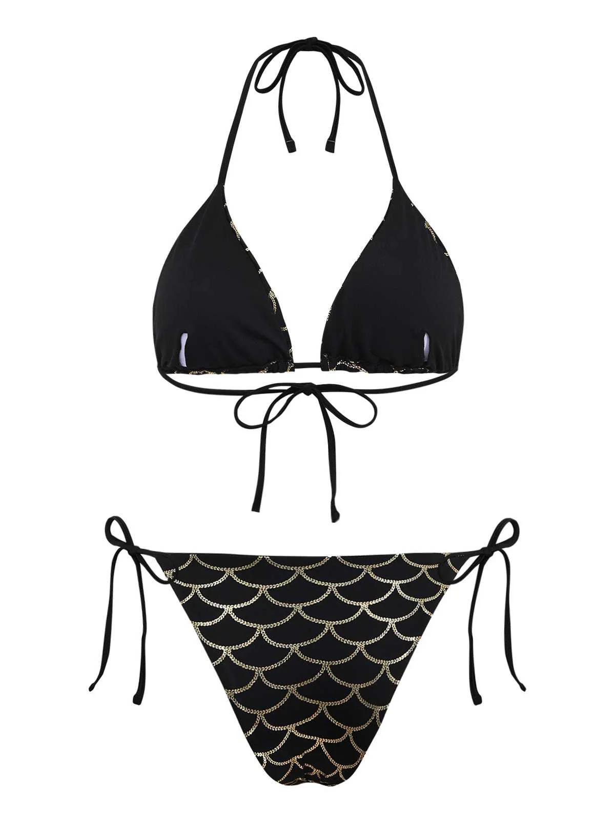 Black Gold 1970s Halter Mermaid Scale Bikini Set - Image 3