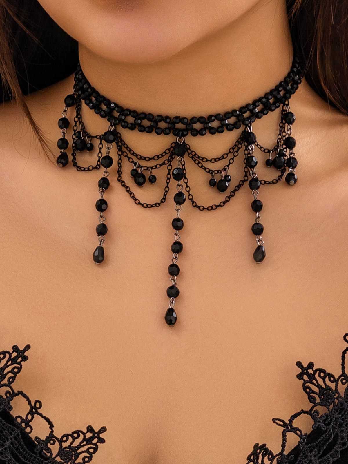 Black Gothic Artificial Crystal Tassels Pendant Necklace - Image 2