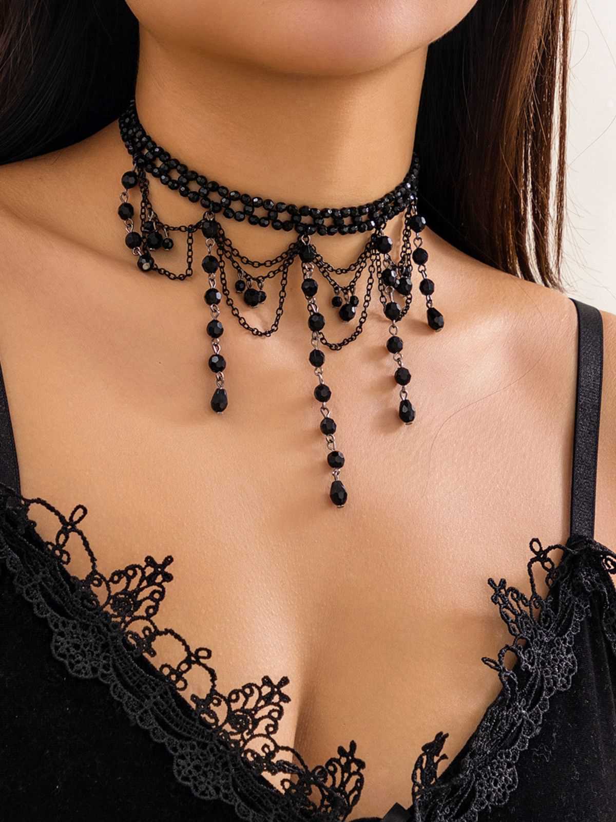 Black Gothic Artificial Crystal Tassels Pendant Necklace - Image 3