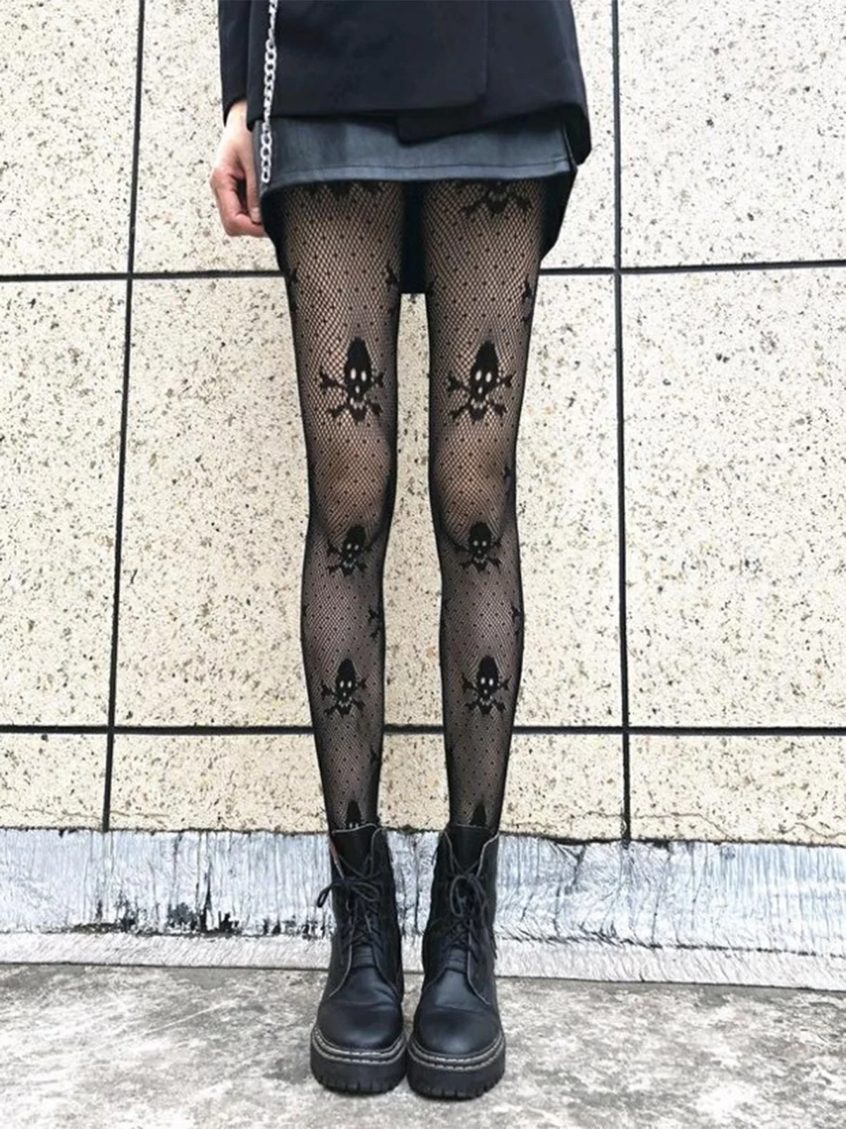 Black Gothic Skull Fishnet Tights - Image 3